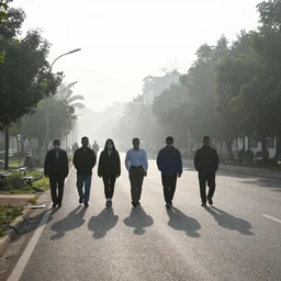 people going to their office walking on wide side road,misty morning with long shadows,fan ho photography