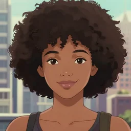a beautiful woman with a soft smile and afro hair , dark brown hair and tan skin, dark brown eyes, city landscape, 4k, anime key visual, lois van baarle, ilya kuvshinov, rossdraws, artstation