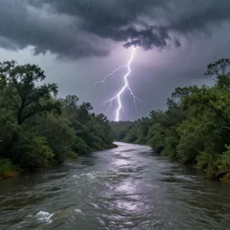 a hyper realistic image of a river going between the trees and it is raining heavily and in the cloud you can see lightning 3 d