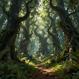 cinematic view, volumetric, huge scene, godrays, grass, low angle, concept art, trending on artstation, high detail, epic foliage, detailed, beautiful, scary fairy tale mystical forest twisted creepy trees magical jungle forest landscape artwork trees near the path amazing nature, vivid, warm lighting