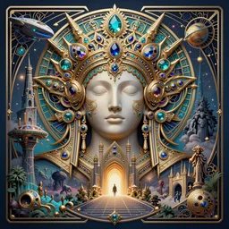 symetrical art deco poster illustration highly detailed ornate with jewels and precious metals majestic face of the sandman close up in the bg entrance castle kingdom of dreams, space ships, futuristic, land of advanced races, giants, hollow earth, hiperrealistc, global illumination, radiant light, detailed and intricate environment. art by oleg oprisco, 8 k