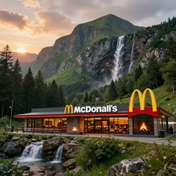 rivendell with mcdonald's restaurant built in the mountains with waterfalls and forest at the foot of green gigantic mountains at sunset, fireplace, hyperdetailed, artstation, cgsociety, 8 k