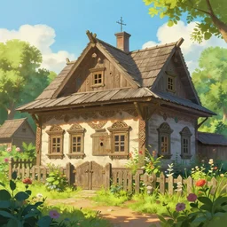 Beautiful detailed high quality illustration of an old Slavic house, beautiful garden on background, a lot of Slavic carvings and decor elements::vibrant summer, romantic mood, morning sunlight::art by Ghibli Studio, League of Legends, Arcane, Wild Rift, trending on artstation