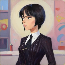 greg manchess portrait painting of wednesday from addams family as overwatch character, medium shot, asymmetrical, profile picture, organic painting, sunny day, matte painting, bold shapes, hard edges, street art, trending on artstation, by huang guangjian and gil elvgren and greg rutkowski