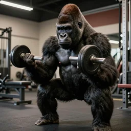 a gorilla curling weights, muscled gorilla training biceps at the gym, perfect high resolution, award winning ar , highly detailed, trending on art station, cgsociety