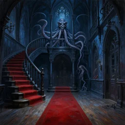gothic mansion hall with stair and red carpet, wooden floor, darkness, evil, creepy, science, 1 9 century, hard atmosphere, lovercraft, insmouth, tentacles, artwork, paint, blue tones, detailed, by bastien lecouffe deharme, by jeremy mann, by alexander fedosav