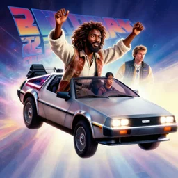 3 d vfx - drew struzan movie poster - art of an african jesus in a flying delorean, art style by james jean & hsiao - ron cheng, unreal engine render, digital illustration, sharp, intricate detail, volumetric lighting, ray tracing, soft light, colourful, ernie barnes style, back 2 the future, pinterest, artstation, behance