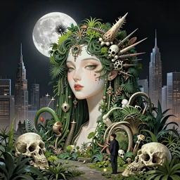 blockchain headquater mother ginoid by zdzislaw beksinski and hajime sorayama lush plants and spiky bones everywhere, the moon is big as a the city, high fashion, magic details, by james jean, hd, 8 k, trending on artstation, uhd