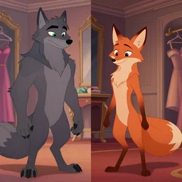 a cg animated before and after scene from a film showing an anthro wolfman ( grey furry with short hair and green eyes, detailed anthro wolflike face ) on one side and an anthro fox vixen with long orange fur on the other side. standing in an elegant dressing room. image shows split screen before and after. style of disney animation