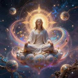 god sitting in the center of the multi dimensional latent space conceptualizing our collectively designed divine imaginations, style of visionary art
