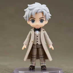 nendoroid gentleman in beige suit, aziraphale from good omens, good omens tv series, white curly short hair, beige suit, tartan pants, long coat, bow tie, michael sheen