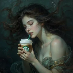 beautiful goddess of starbucks coffee portrait of a seductive mythological siren dreaming in underwater murky light, wind blown hair! dark fantasy esoteric, closeup, d & d, fantasy, intricate, elegant, highly detailed, digital painting, artstation, concept art, matte, sharp focus, illustration, art by artgerm and tom bagshaw and greg rutkowski and alphonse mucha