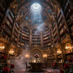 magic library in the style of baroque, star roof, dreamy, romantic, gorgeous lighting, dramatic cinematic lighting, smoke, hogwarts style, birds, roses, fairy tale, evening lights, highly detailed, artstation, mysterious, comfort, in the style of aetherpunk