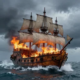 a wooden pirate ship is on fire in a stormy sea
