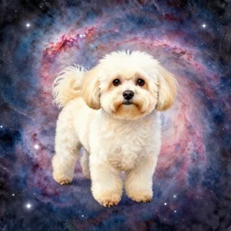 a cream-colored Havanese dog in a beautiful nebula, water color, art by artgerm and greg rutkowski and alphonse  mucha and jin xiaodi and anthony devine