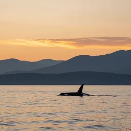 landscape photography by joel sartore of the setting sun on the west coast of bc, orca breaching in the distance