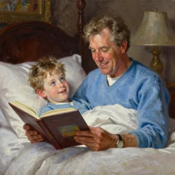 portrait of rod roddy reading a bedtime story to bob barker in bed, an oil painting by ross tran and thomas kincade