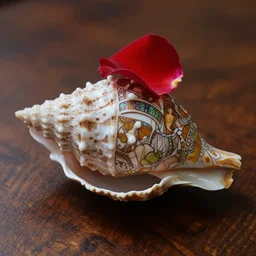 an intricate seashell is carved into a wooden table, a single red rose petal rests on top, close up view, dramatic lighting, DOF, intricate artwork by alphonse mucha and Ruan Jia