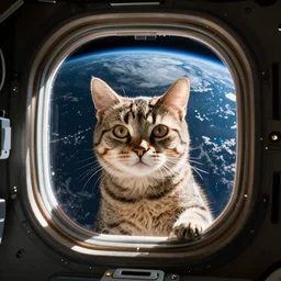 A photograph from the international space station of its window facing the earth. In the window is a giant cat. The cat is peering into the space station and looking at the camera.