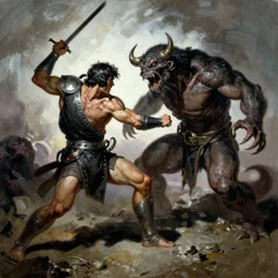 a warrior fighting a monster in the style of Frank Frazetta