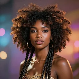 stunning breathtaking portrait of an afro goddess, realistic concept art, afrofuturism, braided hair, beautiful volumetric lighting, a vibrant color explosion in bokeh background, artstation, photorealism, smooth
