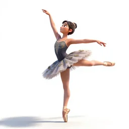 weathered ballerina mid-pirouette, stylized pixar-style 3d render, full body, standing, isolated on a pure white background, centered, whole figure in frame, sharp focus, studio lighting
