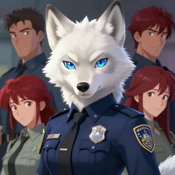 beautiful portrait of a female anthropomorphic albino wolf fursona with eyes that are blue and hair that is red wearing a state trooper uniform. character design by disney, charlie bowater, ross tran, artgerm, and makoto shinkai, detailed, soft lighting, rendered in octane
