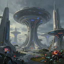 beautiful low angle painting of an alien world with beautiful sleek dreamlike buildings and technology, distant futurepunk, robot flowers and trees, neon lights, moody atmosphere, epic composition, dramatic lighting, trending on artstation, octane render, by robert zemeckis