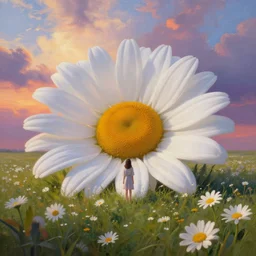 giant white daisy flower head, full body girl standing in a flower field, surreal photography, sunrise, dramatic light, impressionist painting, colorful clouds, digital painting, artstation, simon stalenhag
