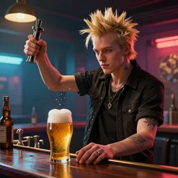 a punk rock guy serving beer at a bar, blond hair, by dave mckean, digital art, highly detailed, octane render, volumetric lighting, vibrant,