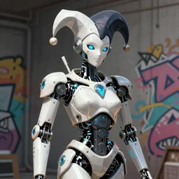 Court jester artificial intelligence robot, futuristic, intricate, elegant, digital painting, artstation, concept art, smooth, sharp focus, illustration, artstation trending, geometric shapes, hard edges, graffiti, street art
