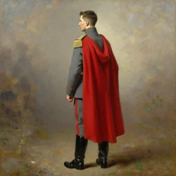 ww 1 general wearing drab grey uniform, long red heroic cape with green trim on his back, oil on canvas