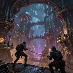 An epic fantasy comic book style landscape painting of a thieves using ropes to get around an underground vibrant steampunk city with walkways and bridges, unreal 5, DAZ, hyperrealistic, octane render, dynamic lighting