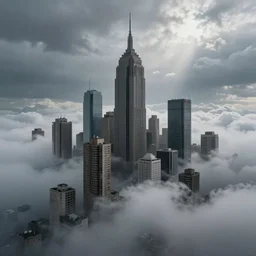 surreal brutalist cityscape emerges from clouds below, moody, vast, uncaring