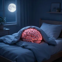 a beautiful 3 d render of a brain tucked under the covers on a pillow in a cozy bed in a cozy bedroom at night, lit by moonlight, epic composition, rendered in arnold, by thomas kinkade, raphael lacoste, makoto shinkai, expansive view, rule of thirds golden ratio clean, light effect, 8 k, maya renderer, unreal engine