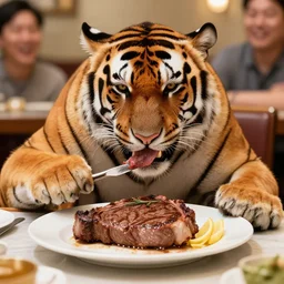 tony the tiger eating a juicy steak while people watch
