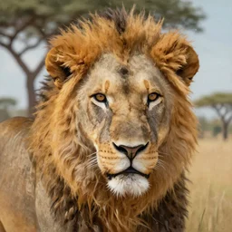 photorealistic painting of a lion face, under a savannah tree