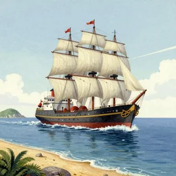 A ship on a deserted island, realism drawing
