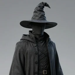 adult male ; large wizard hat with long brim ; face in shadow ; high collar hiding face ; wearing long coat ; drawn by hirohiko araki ; detailed manga art ; anime key visual ; cinematic ; trending on artstation ; high detail ; digital art