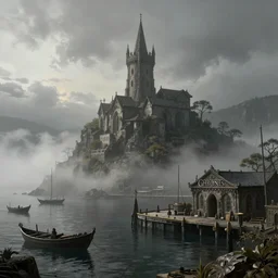 Hightower, harbor, Game of Thrones, foggy atmosphere, volumetric lighting, fantasy artwork, very beautiful scenery, very realistic painting effect, hd, hdr, cinematic 4k wallpaper, 8k, ultra detailed, high resolution, artstation