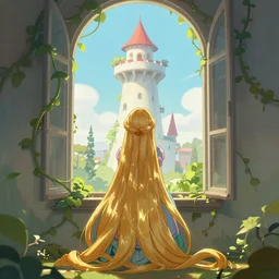 rapunzel, long hair down to the ground, top tower, facing out the window, anime style, vines, vertical shot, digital art