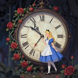 Alice in Wonderland,Clock,Rose twining,out of time and space,dreamy, eternity, romantic,highly detailed,in the style of Edward Hughes, night lighting