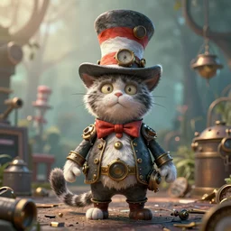 complex 3 d render, hyper detailed, ultra sharp, android cat in the hat, scary, comical, cinematic, steampunk, natural soft light, rim light, octane render, artstation, art by artgerm and greg rutkowski and alberto seveso, dr seuss
