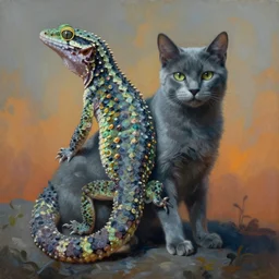 painting of hybrid gecko and cat fused species, intercrossed animal, by zdzislaw beksinski, by lewis jones, cold hue's, warm tone gradient background, concept art, digital painting