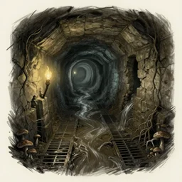 waist - deep flooded sewer tunnels. fantasy art, underground, stream, crumbling masonry, darkness, sewage falling from grates, abandoned spaces, torchlight. sketch art. roots, mud, mushrooms, d & d.