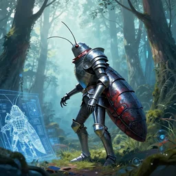 knight in cockroach shaped armor in the forest, in the style of Greg Broadmore and Arthur Rackham,trending on artstation, light lighting side view,digital art,surrealism ,macro,blueprint ,vaporwave ,