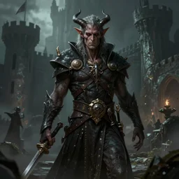 a highly detailed color portrait of a male tiefling - demon race standing in moody castle, horror fantasy art, award, pinterest fantasy character art, deviantart, artstation, pathfinder, art by michael whelan, frank frazetta, tim hildebrandt, gerald brom, keith parkinson, boris vallejo