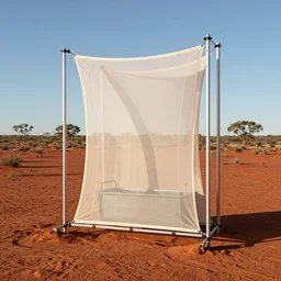modular atmospheric water collector, fine sailcloth mesh, with reservoir in the australian red desert