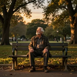 an old man sitting on a bench in the middle of a park and gazing up at the sky, golden hour, somber, artstation, concept art, sharp focus, art by Craig Mullins and Greg Rutkowski