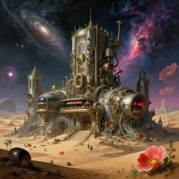 architecture by pieter bruegel the elder, steampunk apocalyptic cosmic galactic dieselpunk futuristic sea matte painting desert scumm bar elysian fisheye retrowave poppy universe magic realism vaporwave tokyo crystal sunlight darkacademia, archdaily, wallpaper, highly detailed, trending on artstation.